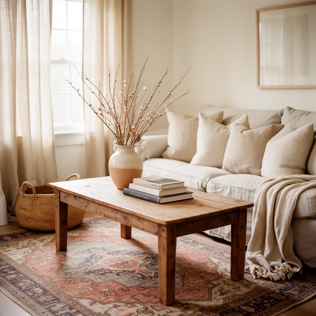 A warm, collected modern cottage living room with a linen sofa, vintage rug, and oak coffee table styled with dried branches