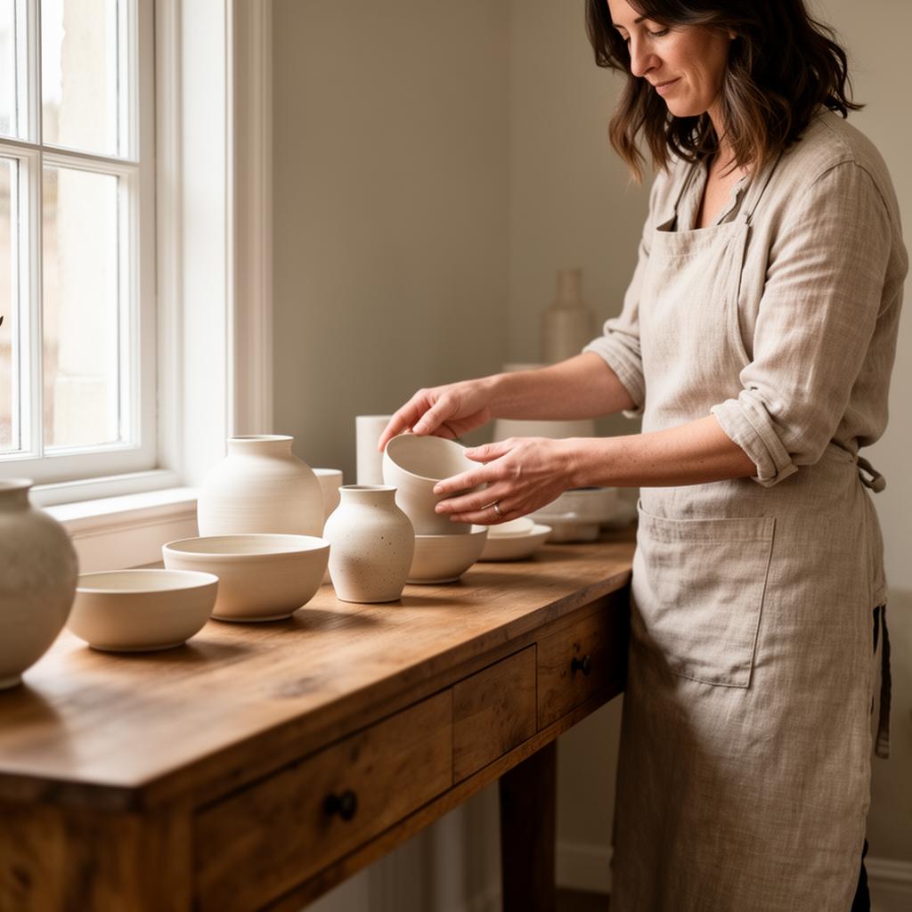 The studio founder arranging ceramic objects on a wooden console table