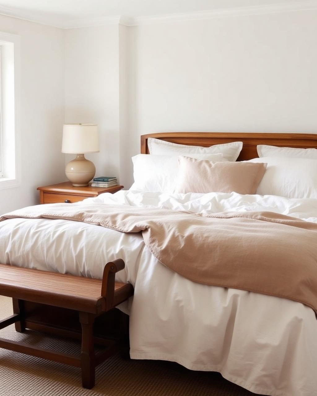Layered bedroom with linen bedding