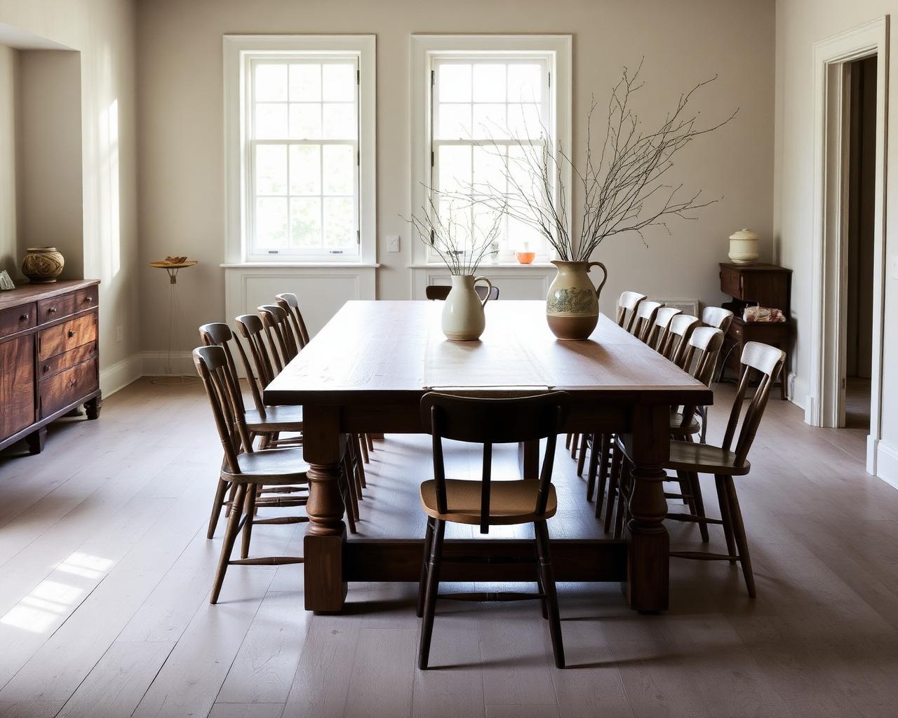 Sunlit dining room with long oak table and ceramic pitcher with foraged branches