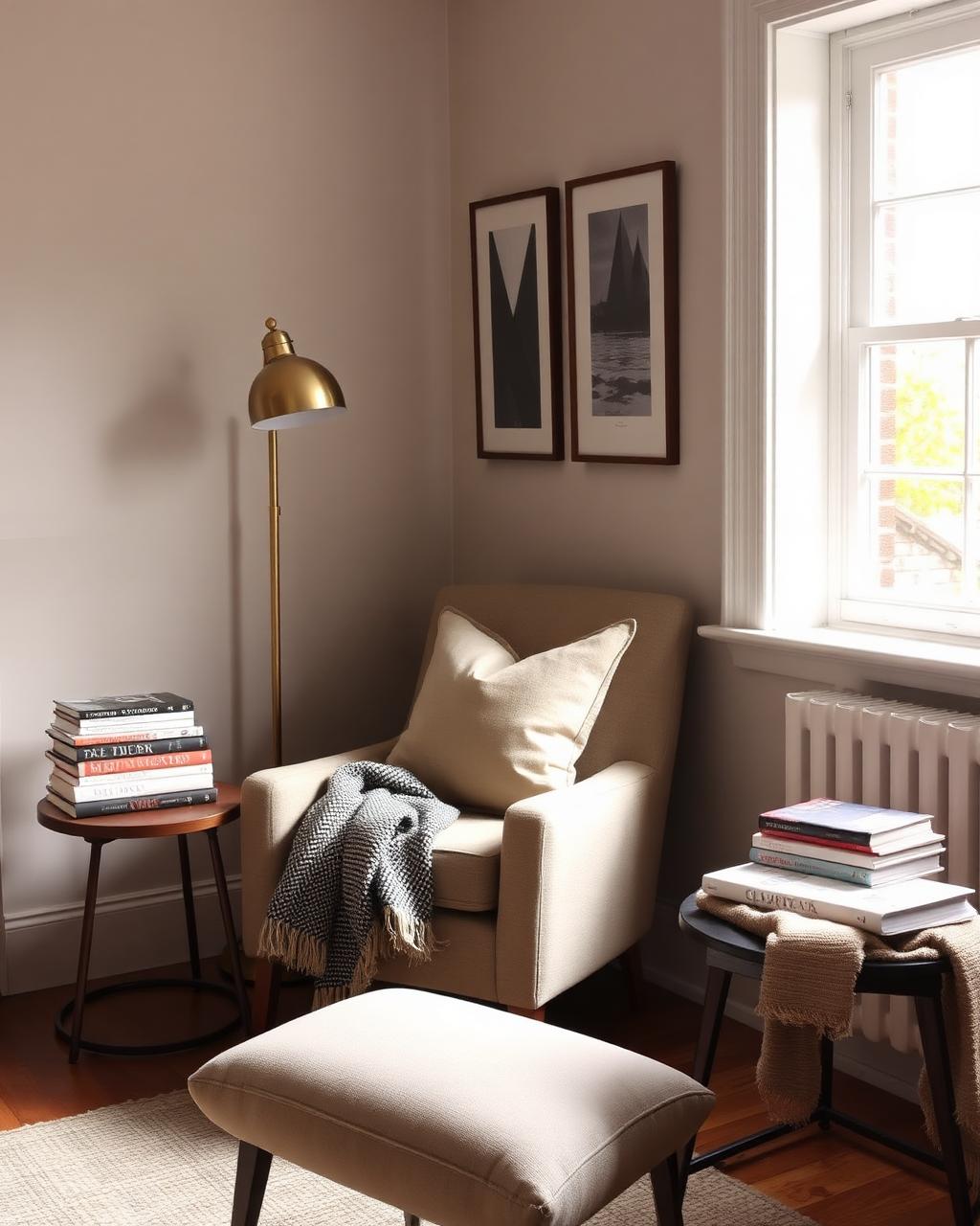 A reading nook with brass floor lamp, linen armchair, and a stack of design books